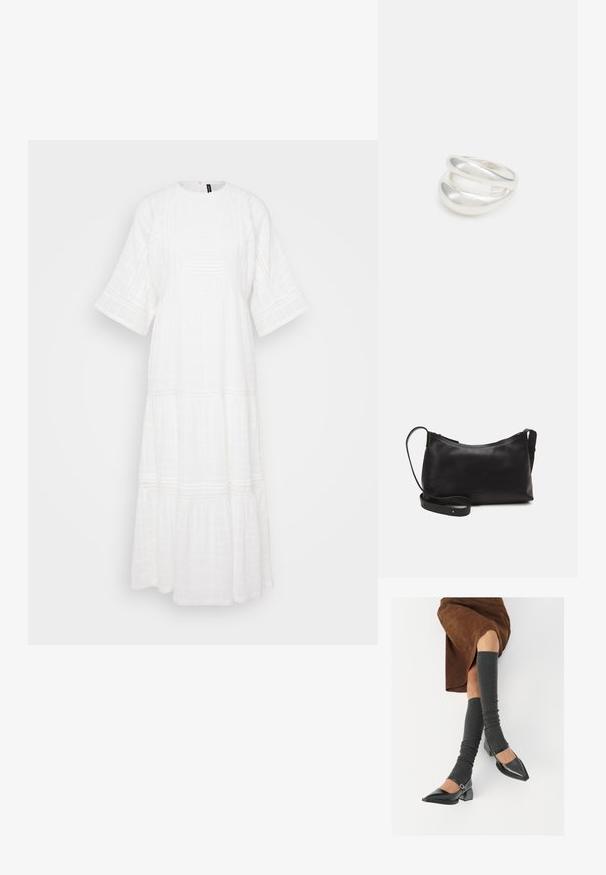 Balta, iki kulkšnių ilgio suknelė, pagaminta iš tekstūruoto audinio. Turi trumpas, plačias rankoves ir horizontalius siuvimo elementus visuose audinio plotuose.; Juodi lakuoti odiniai batai su aštriu kuma ir bloko kulnu, derinami su pilkais riebiais kojų šildytuvais ir rudais zomšiniais sijonais.; Juodas odinis petinis krepšys su lygiu paviršiumi, išlenkta forma, reguliuojama dirželiu ir užtrauktuku. Minimalistinis dizainas be puošmenų.; Sidabrinis dvigubas žiedas su lygiu, poliruotu paviršiumi. Pasižymi sklandžiu, kreiptu dizainu su persipinančiomis dalimis, suteikiančiomis modernų išvaizdą.