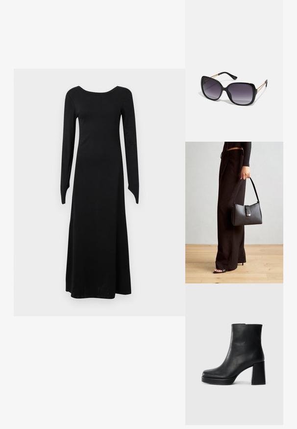 Fekete, hosszú ujjú ruha elasztikus anyagból, kerek nyakkivágással, testhez simuló felső résszel és bokáig érő, bővülő szoknyával.; Fekete bőr bokacsizma tömbsarkal és platform talppal, oldalról nézve, sima fehér háttéren.; Fekete, oversize napszemüveg fokozatos árnyalatú lencsékkel, vastag kerettel és arany színű lánc díszítéssel a szárakon.; Fekete kézi táska strukturált formával, sima textúrával és fémből készült záródással. Széles fekete nadrággal és nyitott orrú szandállal párosítva, fából készült padlón.