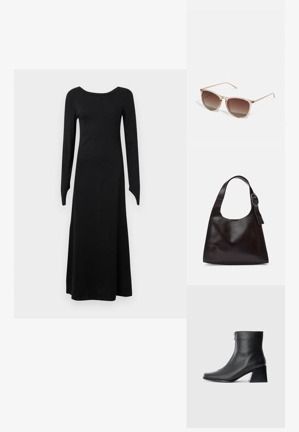 Sort, langærmet kjole lavet af strækstof med rund halsudskæring, tætsiddende liv og svingende nederdel der strækker sig til anklerne.; Sort læderankelstøvle med firkantet tå, lynlås på siden og blokhæl mod en ensfarvet lys baggrund.; Brune gradient solbriller med en gennemsigtig pink stel, firkantet form og tynde metalarme. Har afrundede kanter og minimal dekoration.; Brun læder skuldertaske med en glat tekstur, rund form, bred rem og cirkulært metalaccent på håndtaget.
