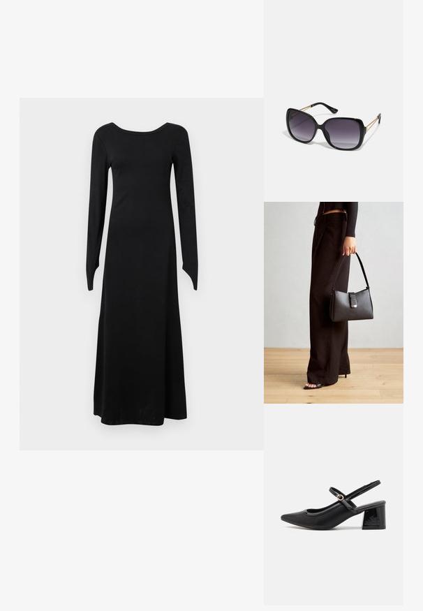 Fekete, hosszú ujjú ruha elasztikus anyagból, kerek nyakkivágással, testhez simuló felső résszel és bokáig érő, bővülő szoknyával.; Fekete lakk bőr, pántos magassarkú cipő, hegyes orral, lekerekített kivágással és tömbsarkal. Arany színű csat díszíti.; Fekete, oversize napszemüveg fokozatos árnyalatú lencsékkel, vastag kerettel és arany színű lánc díszítéssel a szárakon.; Fekete kézi táska strukturált formával, sima textúrával és fémből készült záródással. Széles fekete nadrággal és nyitott orrú szandállal párosítva, fából készült padlón.