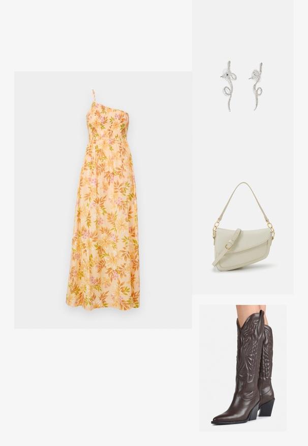 Floral Maxi-Kleid aus leichtem Stoff, mit einem Schulterträger, einem gerafften Oberteil und einem Muster aus rosa und grünen Blumen auf einem gelben Hintergrund.; Braune Leder-Cowboy-Stiefel mit spitzem Punkt und Blockabsatz, die über detaillierte Stickereien und hervorgehobene Akzente am Schaft verfügen.; Kleine cremefarbene Handtasche mit strukturiertem Finish, einem langen verstellbaren Tragegurt, einem Kettenakzent und einem Klappenverschluss. Goldene Hardware-Details.; Schlichtes, silbernes Twisted-Ohrschmuckdesign mit zarten Kurven, das kleine klare Strasssteine entlang der Oberfläche zeigt. Mit Clip-Verschluss für sicheren Halt.