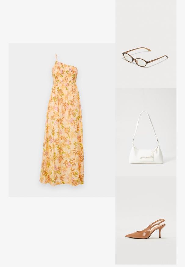 Rochie maxi florală din material ușor, cu un singur umăr, un bust elastic și un model de flori roz și verzi pe un fundal galben.; Pantofii cu toc slingback, cu vârful ascuțit, dintr-un material tan neted și strălucitor. Prezintă un design cu decupaj curbat și un toc subțire stil stiletto. Detaliu cu cataramă argintie.; Ochelari în nuanță de țestoasă maro, cu lentile ovale, brațe subțiri și accente transparente. Prezintă un logo subtil pe tâmplă. Design elegant și ușor.; Geantă sintetică albă, cu formă triangulară, capac frontal plat și detaliu cu fundă, curea ajustabilă, textură netedă și design minimalist.