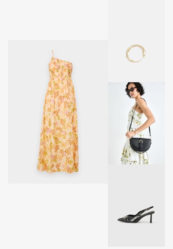 Robe maxi florale en tissu léger, dotée d'une bretelle unique, d'un corsage froncé et d'un motif de fleurs roses et vertes sur fond jaune.; Chaussure slingback en cuir verni noir avec un embout pointu, des brides de cheville avec des boucles en argent et des éléments en métal, et un talon fin.; Sac à main en cuir noir avec une forme courbée, bandoulière amovible et des accessoires en or. Le sac est doté d'un rabat avec un détail de boucle.; Bague en or ornée d'un design organique et torsadé, avec une texture lisse et des extrémités effilées, créant une apparence moderne et sculpturale.