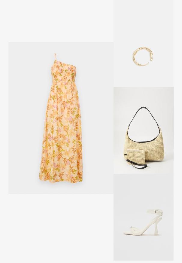Floral Maxi-Kleid aus leichtem Stoff, mit einem Schulterträger, einem gerafften Oberteil und einem Muster aus rosa und grünen Blumen auf einem gelben Hintergrund.; Sandaletten aus weißem Leder mit hohen Absätzen, schlankem Design, transparentem Blockabsatz und einem dekorativen Element an der Zehe.; Geflochtene Strohtasche mit geschwungener Silhouette, ausgestattet mit einem glatten schwarzen Ledergriff und einem passenden kleinen Beutel, der mit einem Handgelenkriemen befestigt ist.; Goldfarbener Ring mit einem organischen, gedrehten Design, glatter Oberfläche und sich verjüngenden Enden, was ein modernes, skulpturales Erscheinungsbild erzeugt.