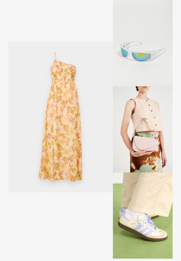 Blomstret maxikjole lavet af letvægtsstof, med en skulderstrop, en smocket bodice og et mønster af lyserøde og grønne blomster på en gul baggrund.; Creme og lavendel sneakers med tre striber og en tekstureret brun sål, der har snørebånd og en polstret hæl. Blødt stof øvre.; Solbriller med en gennemsigtig hvid stel og reflekterende multifarvede linser. Har et sporty design og en strømlinet form.; Lyserød læderhandtaske med en buet klap, enkel skulderrem og rene linjer. Tasken har en glat overflade og et minimalistisk design.