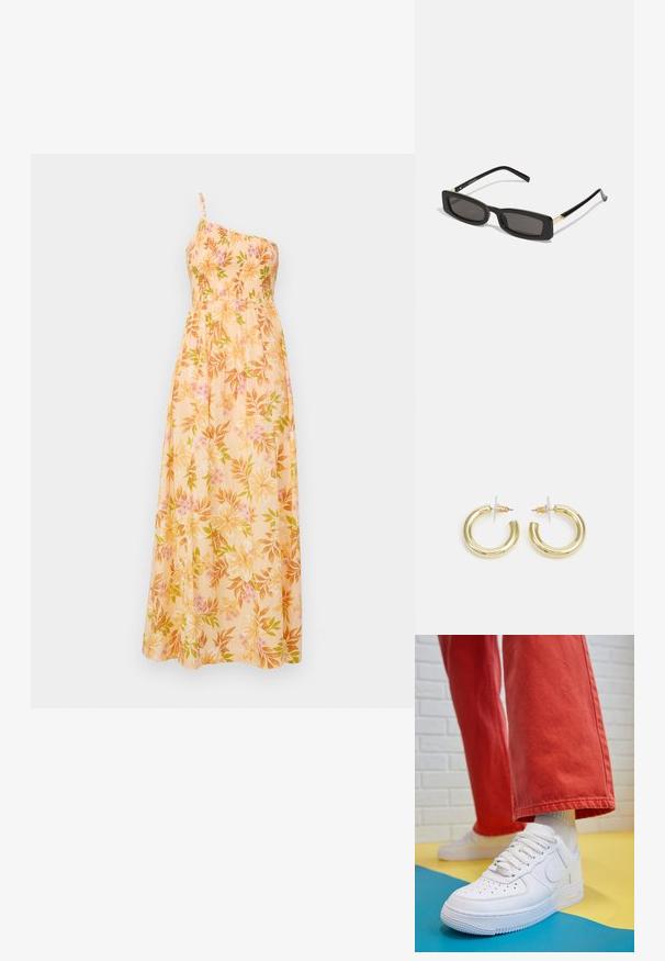 Floral Maxi-Kleid aus leichtem Stoff, mit einem Schulterträger, einem gerafften Oberteil und einem Muster aus rosa und grünen Blumen auf einem gelben Hintergrund.; Weiße Leder-Sneaker mit perforiertem Zehenbereich, strukturiertem Sohlen und weißen Schnürsenkeln, kombiniert mit weiten roten Hosen und einem blauen und gelben Hintergrund.; Schwarze rechteckige Sonnenbrillen mit dunklen Gläsern, glänzenden Kunststoffrahmen und goldenen Akzenten an den Bügeln. Minimalistisches Design und schlanke Form.; Goldene Creolen mit einer glatten, glänzenden Oberfläche. Zirkuläres Design mit einem kleinen Stecker und einer klaren Rückseite für einen sicheren Sitz.