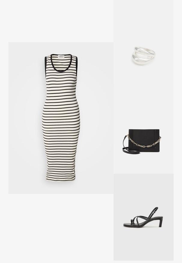 Svītraina tanka kleita krēmkrāsā un melnā. Rievota tekstūra, pieguļošs dizains, bez piedurknēm ar apaļu kakla izgriezumu. Garums līdz pusmežam.; Melnas strappy sandales ar kvadrātveida purngaliem un zemu bloku papēdi. Ievērojamas ar vairākiem plāniem siksniņām un regulējamu potītes siksniņu. Izgatavotas no gludas ādas.; Melna ādas crossbody soma ar gludu faktūru, taisnstūrveida formu un metalizētu ķēdes detaļu priekšā. Iekļauta regulējama siksna.; Sudraba divu joslu gredzens ar gludu, pulētu virsmu. Iezīmējas ar plūstošu, izliekta dizaina struktūru ar pārklājošām sekcijām modernam izskatam.
