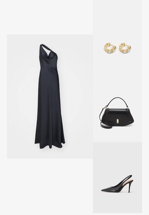 Hervé Léger THE VIVIAN GOWN - Abiti per occasioni speciali - Black; Scarpa con tacco alto a punta in pelle nera, con una texture liscia e un delicato cinturino con una fibbia metallica.; Borsa a mano in pelle nera con un design strutturato, caratterizzata da una forma corta, manico superiore e accessori in metallo dorato. Inclusa tracolla regolabile.; Orecchini a cerchio in oro con un design testurizzato e tre accenti di cristalli trasparenti su un lato, che offrono un'estetica geometrica moderna.