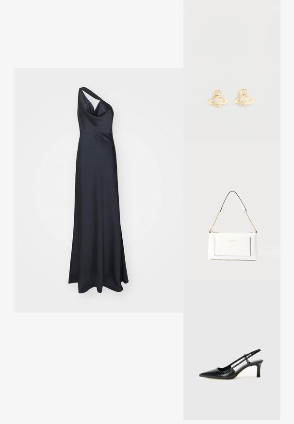 Hervé Léger THE VIVIAN GOWN - Svečana odjeća - Black; Crne lakirane slingback pete s oštrim vrhom, s teksturiranim uzorkom zmijske kože, podesivom remenom i kratkom, teksturiranom blok-petom.; Bijela kožna torba s teksturiranim završetkom, koja ima zlatni lančić i crne akcentne detalje. Uključuje prednji džep i zatvaranje na patentni zatvarač.; Naušnice od zlata s čepom koje prikazuju dizajn Saturna, s teksturiranom trakom i ugrađenim okruglim kristalima za dodatni sjaj.