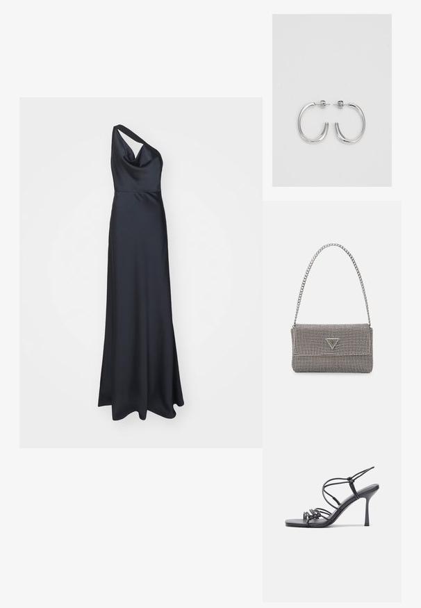 Hervé Léger THE VIVIAN GOWN - Oblačila za posebne priložnosti - Black; Črne visoke sandale na peto imajo tanke naramnice z vozlom, gladek kvadratni toe in eleganten stiletto peto.; Svetlo siva kovinska torbica z verižnim ročajem, okrašena z majhnimi okroglimi kovinskimi bleščicami in trikotnim logotipom blagovne znamke.; Srebrne obročaste uhane z gladko, sijočo površino. Zaobljena oblika, lahka zasnova, z zapiranjem na zatič.