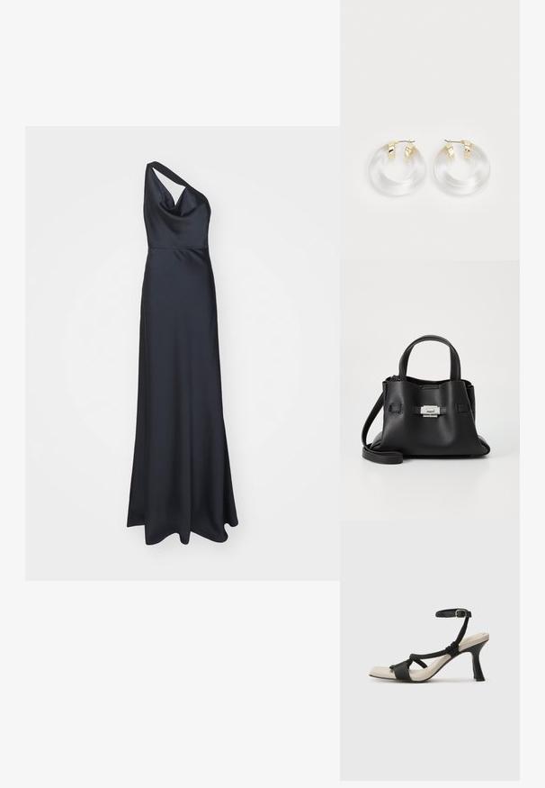 Hervé Léger THE VIVIAN GOWN - Společenské šaty - Black; Černé sandály na podpatku s pleteným designem pásku, čtveratou špičkou a nastavitelným páskem kolem kotníku. Světle béžová stélka s lesklým černým podpatkem.; Černá kožená kabelka s texturovaným povrchem, vybavená dvěma horními uchy, odnímatelným ramenním popruhem a stříbrným detailem s uzávěrem.; Průhledné akrylové kruhové náušnice se zlatými kovovými akcenty a lesklým povrchem. Mají hladký, kruhový design.