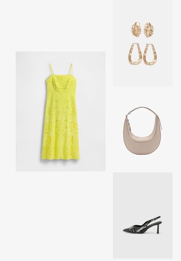 Gelbes Midi-Kleid mit dünnen Trägern und floralen Ausschnitt-Stickereien auf dem Oberteil und dem Rock, vor einem weißen Hintergrund präsentiert.; Schwarzer Lackleder Slingback-Schuh mit spitzem Zehenbereich, Knöchelriemen mit silbernen Schnallen und Beschlägen sowie einem schlanken Absatz.; Beige Leder Schultertasche in Halbmondform, mit glatter Oberfläche und einem geschwungenen Henkel. Verfügt über einen Reißverschluss und saubere Nähte.; Ohrringe in Goldoptik mit strukturierten, gewellten Formen. Beinhaltet skulpturale Clip-Ohrringe und ein offenes Hoop-Design mit gehämmertem Finish.