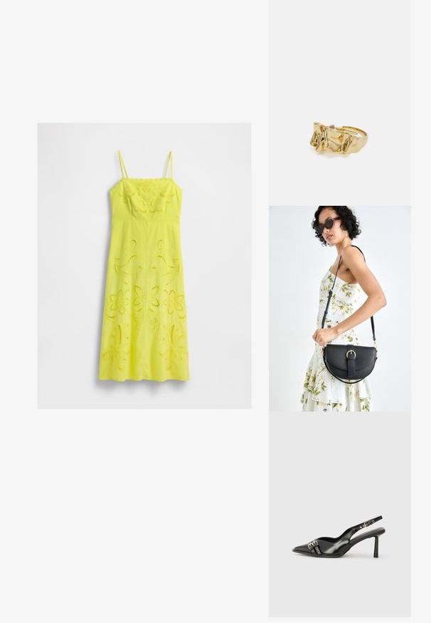 Geel midi-jurkje met dunne bandjes en bloemvormige borduurdetails op het lichaam en de rok, weergegeven tegen een witte achtergrond.; Zwarte gepolijste leren slingback schoenen met een puntige neus, enkelbandjes met zilveren gespen en hardware, en een slanke hak.; Zwarte leren handtas met een gebogen vorm, afneembare schouderband en gouden hardware. De tas heeft een klep met een gespsluiting.; Gouden ring met een textuur van golvende ontwerpen met drie opvallende pieken. Gladde, glanzende oppervlakte met eenopen band voor een verstelbare pasvorm.