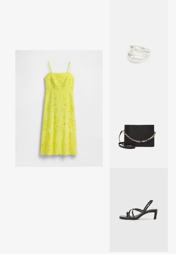 Žlté midi šaty s tenkými ramienkami a vyšívanými kvetinovými výrezmi na korzete a sukni, vystavené na bielom pozadí.; Čierne sandále na vysokom podpätku so štvorcovou špičkou a nízkym blokovým podpätkom. Obsahujú viacero tenkých popruhov a nastaviteľný členkový popruh. Vyrobené z hladkej kože.; Čierna kožená crossbody taška s hladkou textúrou, obdĺžnikovým tvarom a kovovým reťazovým detailom na prednej strane. Súčasťou je nastaviteľný popruh.; Strieborný prsteň s dvojitým pásikom s hladkým, lesklým povrchom. Má plynulý, zakrivený dizajn s prekryvajúcimi sa časťami pre moderný vzhľad.