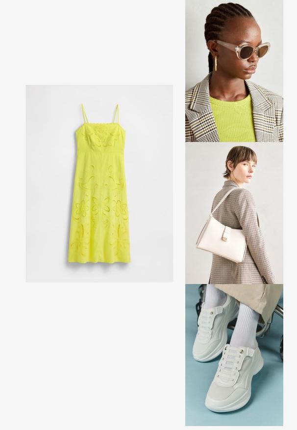 Rochie midi galbenă cu bretele subțiri și detalii de broderie cu motive florale lucrate la bust și fustă, afișată pe un fundal alb.; Adidași albi cu un material din plasă, talpă din cauciuc, design fără șireturi cu benzi elastice și accente aurii.; Ochelari de soare stil cat-eye, cu lentile maro și rame transparente. Model purtând un top verde cu textură ribbed și un sacou în carouri. Cercei rotunzi din aur.; Geantă de mână din piele albă cu un design structurat, având o închidere magnetică și un breteau, expusă pe un fundal neutru.