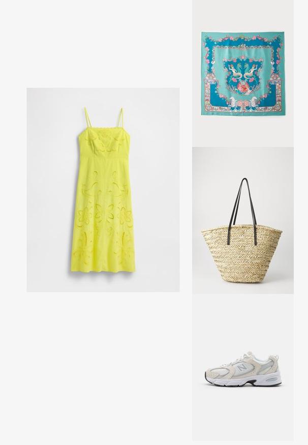 Robe midi jaune avec des bretelles fines et des broderies découpées florales sur le corsage et la jupe, présentée sur fond blanc.; Chaussure de sport avec un dessus en mesh gris clair et des accents en daim, des lacets blancs et une semelle en caoutchouc noire. Détail d'amorti ABZORB remarquable.; Écharpe en soie turquoise ornée de motifs marins complexes, incluant des sirènes, des coquillages et du corail, encadrée d'une bordure décorative.; Sac en osier tissé avec une forme large et effilée, doté de deux poignées en cuir noir. Couleur beige naturel avec une surface texturée.