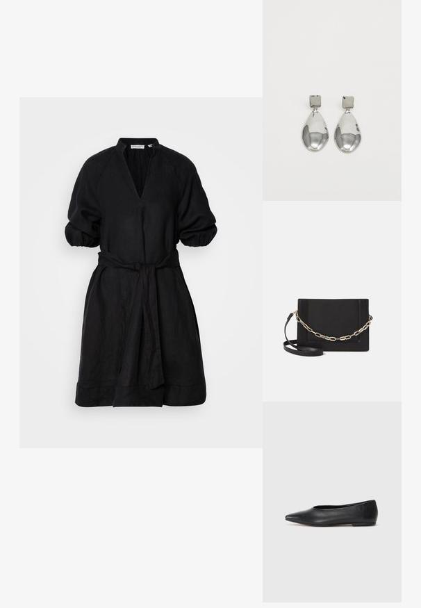 Črna lanena obleka z globokim V-izrezom, nabranimi rokavi in pasom. Oblikovanje vključuje udoben kroj in dolžino do kolen.; Črne usnjene balerinke, koničast toe, minimalističen dizajn, gladka tekstura, nizka peta, brez vidnih kovinskih delov ali okraskov.; Črna usnjena torba čez ramo z gladko teksturo, pravokotno obliko in kovinskim verižnim detajlom spredaj. Vključena je nastavljiva naramnica.; Srebrni uhani z kvadratnim studom, ki imajo gladko, polirano površino in obliko kapljice, ki odbija svetlobo z sijočo površino.