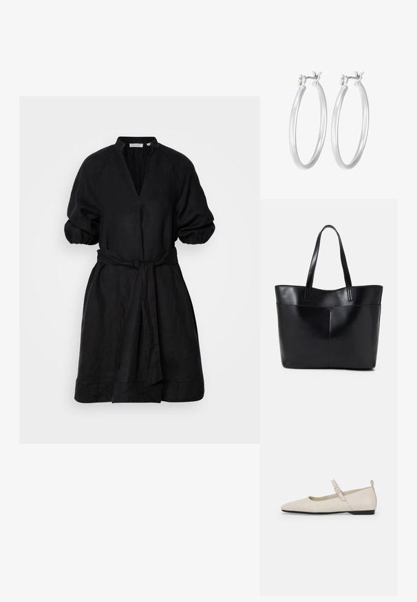 Črna lanena obleka z globokim V-izrezom, nabranimi rokavi in pasom. Oblikovanje vključuje udoben kroj in dolžino do kolen.; Bele balerinke iz belega usnja Mary Jane s špicastim nosom, stranskim zaponko in nizkim črnim peto. Gladka tekstura in minimalističen dizajn.; Črna usnjena torba z dvema dolgima ročajema, gladko teksturo in strukturirano obliko. Ima sprednji žep za dodatno shranjevanje.; Srebrni obroči za ušesa z gladko, polirano površino. Okrogla oblika in varna zaponka s klikom. Lahka zasnova, primerna za vsakodnevno nošenje.