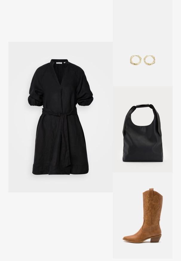 Juoda lino suknelė su giliu V formos iškirpimu, pūstomis rankovėmis ir diržu per liemenį. Dizainas pasižymi laisvu siluetu ir kelio ilgio apdaila.; Ruda odinė kantri batai su smailiu būtų pirštu, siuvinėtais spiralės raštais ant viršaus ir su kamščiu blokuotu kulnu. Yra tamprių užtraukių, kad būtų lengviau užsidėti.; Juoda odinė rankinė su plačiu atviru viršumi ir vienu petnešėlio dirželiu. Minkšta tekstūra, minimalistinis dizainas, subtilūs metaliniai akcentai.; Aukso žiedo auskarai su tekstūruotu, netaisyklingu paviršiumi. Yra be siūlių užsegimas ir poliruotas paviršius, akcentuojantis modernų dizainą.