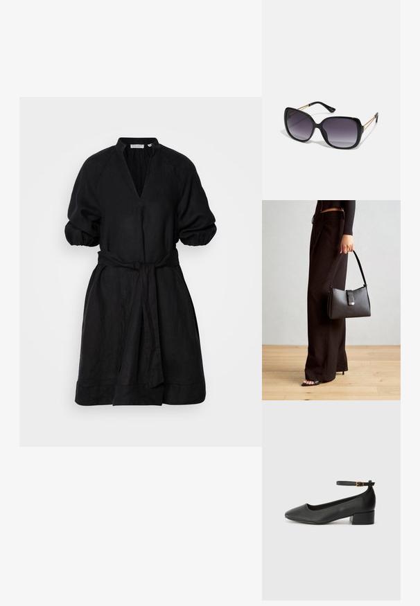 Svart linkjole med dyp V-hals, puffede ermer og belte i midjen. Designet har en avslappet passform og knelengde.; Sorte skinnpumper med spiss tå og lav blokkhelt. Har ankelrem med gullfarget spenne. Glatt tekstur.; Sorte oversized solbriller med gradient linser, tykke rammer og detaljering med gulltonekjede på tempelarmene.; Svart håndveske med strukturert form, jevn tekstur og metallisk lås. Kombinert med brede svarte bukser og sandaler med åpen tå på tregulv.
