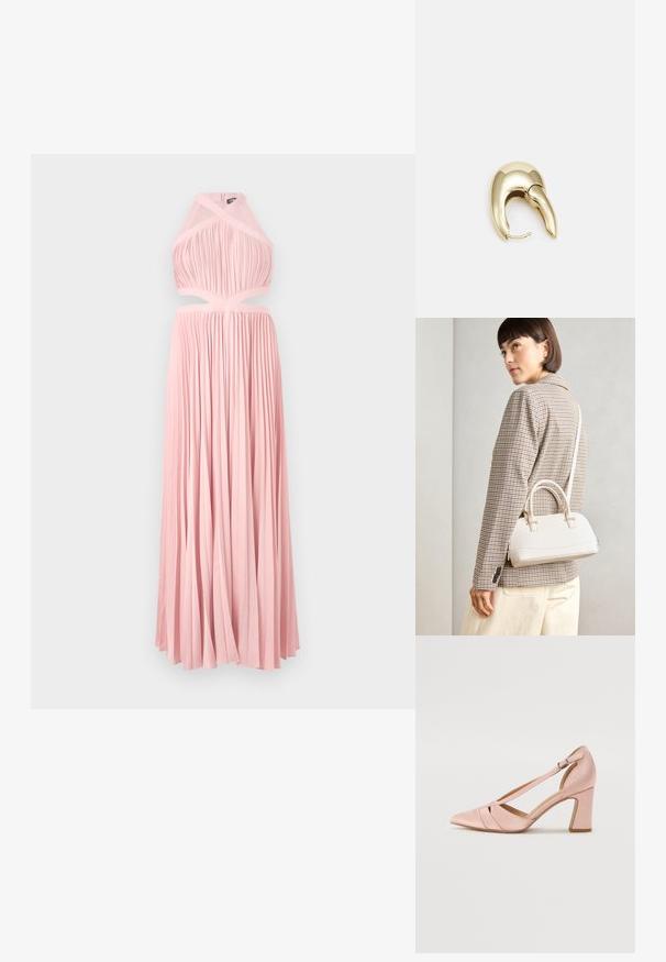 Rochie lungă, roz, cu un design plisat, gât halter și talie decupată. Textură netedă și siluetă fluidă, potrivită pentru ocazii formale.; Călăreț de satin roz cu toc înalt, cu vârful ascuțit și curea ajustabilă la gleznă, având decupaje diagonale și un toc masiv.; Geantă structurată albă, cu mânere scurte și curea de umăr, având accente din metal aurit și material texturat, expusă pe un fundal gri.; Cercei din metal de culoare aurie cu un design elegant și curbat. Prezintă o formă distinctivă, ascuțită, o suprafață lustruită și un sistem de închidere cu balama.