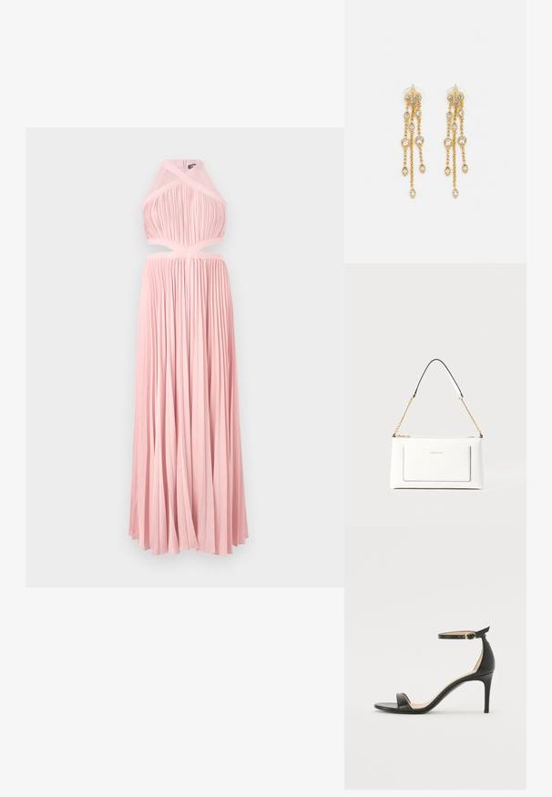 Robe longue rose avec un design plissé, col halter et taille découpée. Texture lisse et silhouette fluide, adaptée aux occasions formelles.; Sandale à talons hauts en cuir noir avec une lanière de cheville. Présente une texture lisse, un bout ouvert et un talon fin. Détail de boucle en ton doré.; Sac à main en cuir blanc avec un fini texturé, doté d'une bandoulière en chaîne dorée et d'accents noirs. Comprend une poche avant et une fermeture éclair.; Boucles d'oreilles en ton or avec plusieurs chaînes en cascade, présentant des accents en strass ovales transparents et des dessus à clous décoratifs.