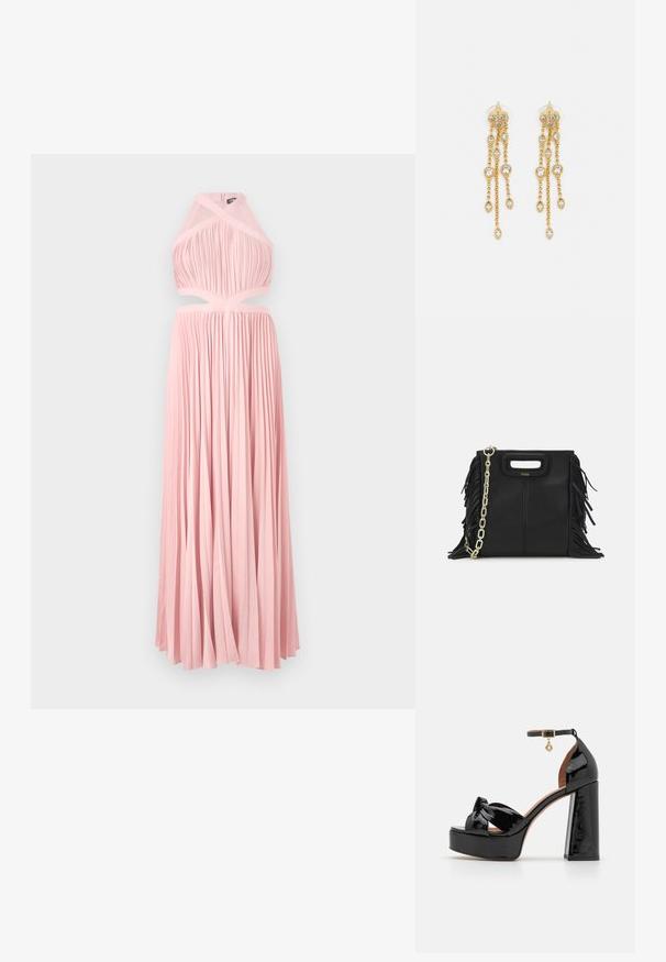 Pitkä vaaleanpunainen mekko, jossa on pleated-muotoilu, halterneck ja aukko vyötäröllä. Sileä tekstuuri ja soljuva siluetti, sopii virallisiin tilaisuuksiin.; Maje Korolliset sandaalit - noir; Musta nahkakäekott, millel on frantsiisidetailid, kuldne õlgade rihm ja lõikega käepide. Ees on logo paigutus.; Kultaketjua roikkuvat korvakorut, joissa on useita putoavia ketjuja, ja selkeitä ovaaleja rhinestone-akselteja sekä koristeelliset niittitoppaukset.