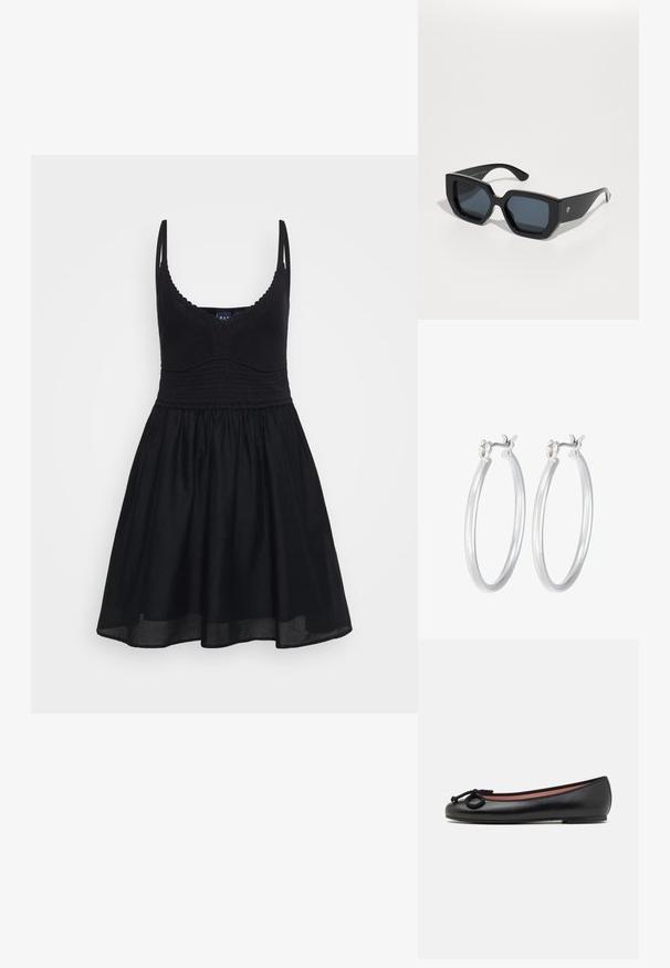 Black sundress with adjustable straps, fitted knit bodice, and flowy skirt. Made from soft fabric with a smooth texture and a classic design.; Black leather ballet flat with a round toe, features a decorative bow and smooth texture. Minimalist design with a low, flat sole.; Black oversized sunglasses with a geometric design, rectangular lenses, and glossy finish. No visible branding on the front.; Silver hoop earrings with a smooth, polished finish. Round shape and secure click-top closure. Lightweight design suitable for everyday wear.