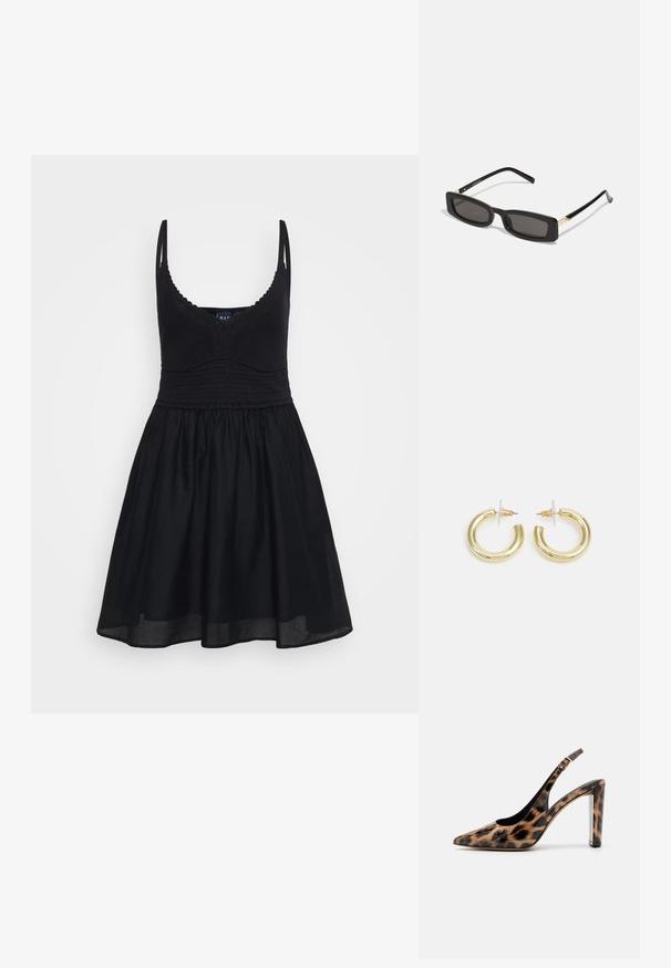 Melnas saulē tērpa ar regulējamiem siksnām, pieguļošu adītu priekšu un plūstošu svārku. Izgatavots no mīksta auduma ar gludu tekstūru un klasisku dizainu.; Lāču raksta slingback kurpes ar norādītu purngalu un caurspīdīgu bloku papēdi. Izgatavotas no spīdīgas masas ar gludu tekstūru.; Melnas taisnstūra saulesbrilles ar tumšiem objektīviem, spīdīgām plastikāta rāmēm un zelta akcentiem tempļos. Minimalistisks dizains un eleganta forma.; Zelta auskari ar gludu, spīdīgu apdari. Apaļš dizains, kas ietver mazu tapu un caurspīdīgu pamatni drošai valkāšanai.