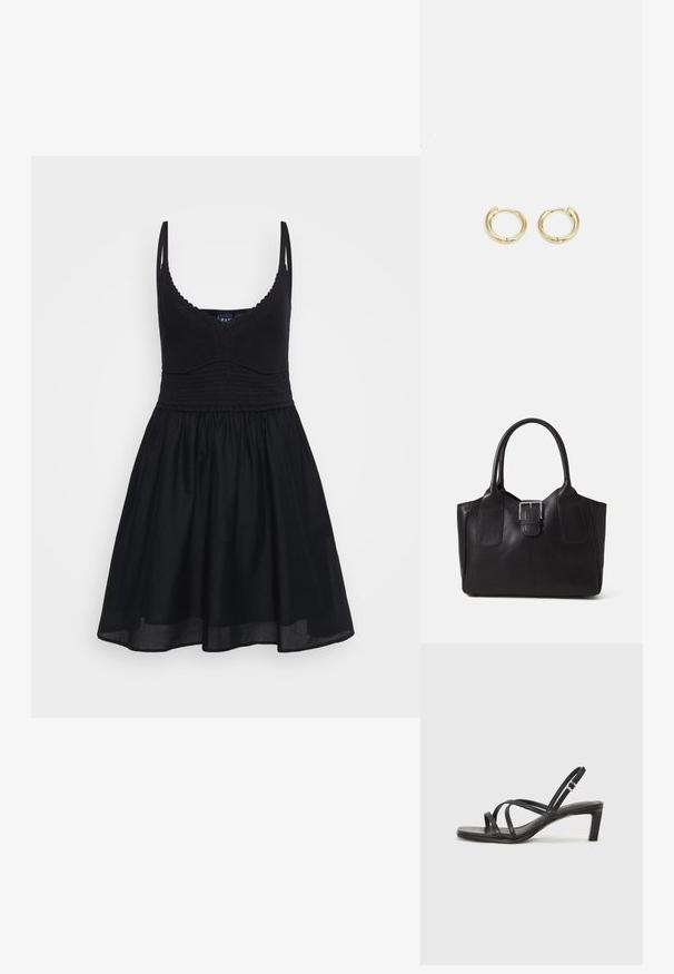 Zwarte jurk met verstelbare banden, aansluitende gebreide lijfje en vloeiende rok. Gemaakt van zachte stof met een gladde textuur en een klassiek ontwerp.; Zwarte sandaal met bandjes, vierkante teen en een lage blokhak. Voorzien van meerdere dunne bandjes en een verstelbare enkelband. Gemaakt van zacht leer.; Zwarte leren tote bag met een gladde textuur, gestructureerde vorm, twee handvatten en een opvallend zilveren sluitingdetail aan de voorkant.; Gouden hoepel oorbellen met een gladde, ronde vorm. Voorzien van een kleine scharnierluiting, lichte uitstraling en een gepolijste afwerking.