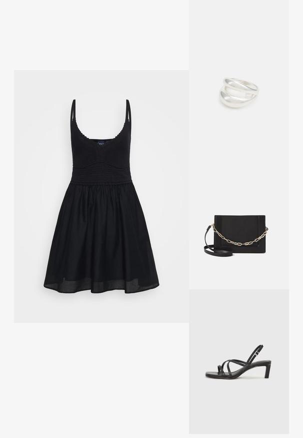 Schwarzes Sommerkleid mit verstellbaren Trägern, tailliertem Strickoberteil und fließendem Rock. Hergestellt aus weichem Stoff mit glatter Textur und klassischem Design.; Schwarze Sandale mit Riemchen, quadratischer Zehenform und niedrigem Blockabsatz. Verfügt über mehrere dünne Riemen und einen verstellbaren Knöchelriemen. Hergestellt aus glattem Leder.; Schwarze Leder-Crossbody-Tasche mit glatter Textur, rechteckiger Form und metallic-kettendetail auf der Vorderseite. Verstellbarer Gurt inklusive.; Silberner Doppelring mit einer glatten, polierten Oberfläche. Verfügt über ein fließendes, kurviges Design mit überlappenden Abschnitten für einen modernen Look.