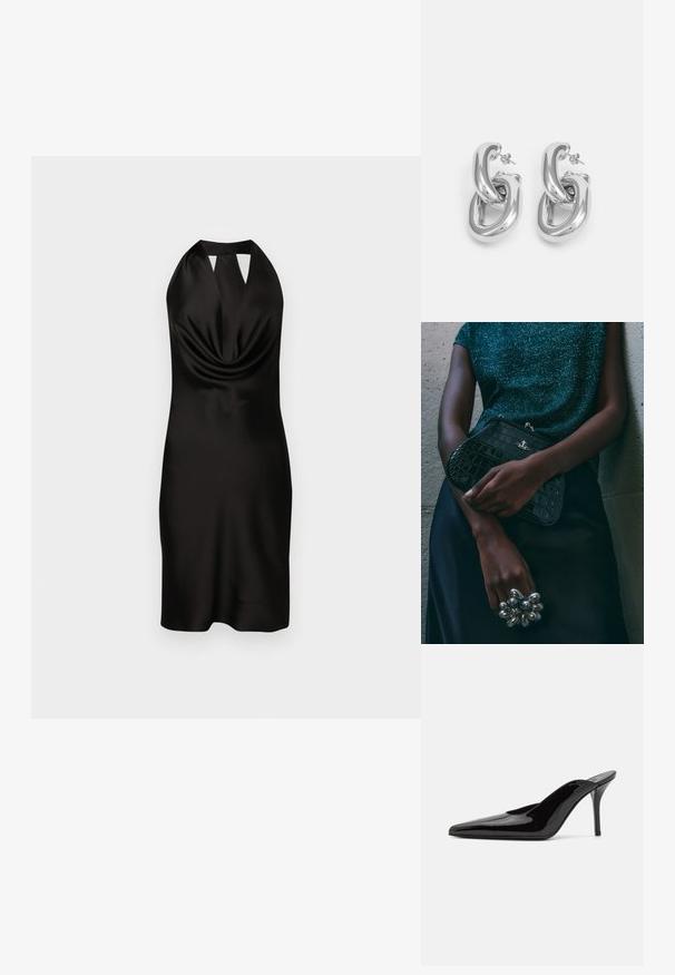 Juoda satino halterio suknelė su drapiruota priekiu, prigludusia siluetu ir išpjova prie kaklo, siekianti iki vidurinės šlaunies.; Juodas lakinės odos aukštakulnis sandalai su smailiu nosiu ir elegantiška siluetu, turintys atvirą nugarą ir ploną stiletą.; Juodas krokodilo odos rašto vakarėlis su sidabriniais aksesuarais, laikomas prieš tekstūruotą pilką foną. Pasižymi blizgiu paviršiumi.; Rabanne XL LINK DOUBLE HOOP EARRING - Auskarai - silver-coloured
