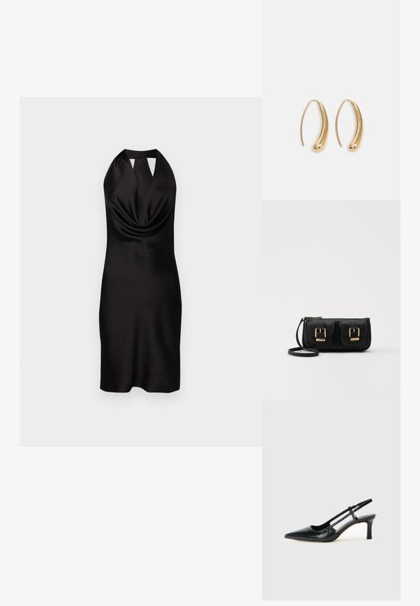Čierne saténové šaty s odhalenými ramenami a drapovaným predným dielom, priliehavý strih a výrez v oblasti výstrihu, dosahujúce do polovice stehna.; Čierne patentové slingback topánky na ihlovom podpätku s špicatou špičkou, s textúrovaným hadím vzorom, nastaviteľným popruhom a krátkym, textúrovaným blokovým podpätkom.; Čierna kožená crossbody taška s dvoma prednými vreckami, zlatými sponami, zipsovým uzatváraním a úzkym popruhom. Štruktúrovaný povrch a kompaktný obdĺžnikový tvar.; Náušnice vo forme zlatých kovových kruhov s zakriveným, predĺženým tvarom. Majú hladký, lesklý povrch a zaoblený koniec pre pridanie detailu.