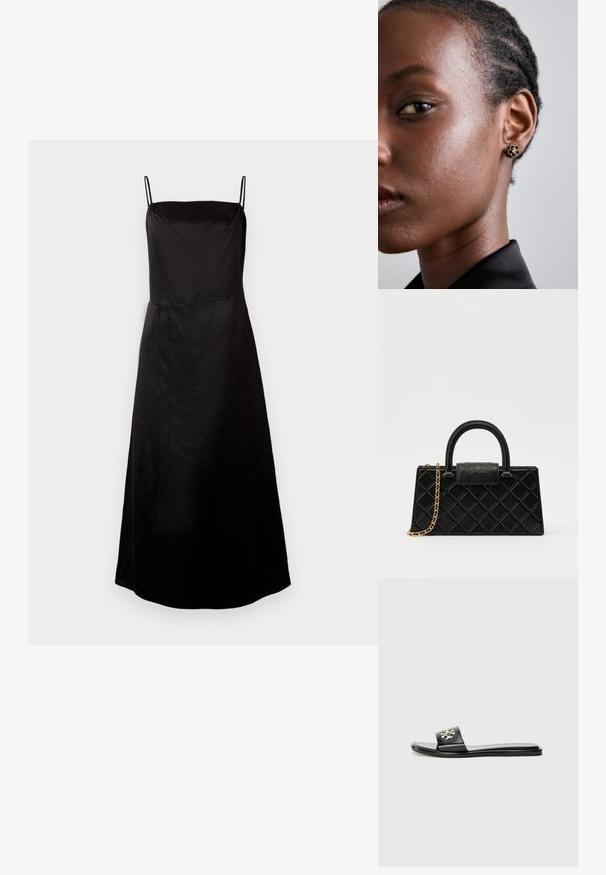 Schwarzes Spaghettiträgerkleid mit fließender Silhouette, das mit einem Bindeband in der Taille und subtiler Textur versehen ist. Mittellanges Design.; Schwarze flache Riemensandale aus synthetischem Material, mit einem breiten Riemen und einem metallischen Logo-Akzent sowie einer glatten, glänzenden Oberfläche.; Schwarze Handtasche aus strukturiertem Leder mit einem Diamantmuster, goldfarbener Kette, einem oberen Griff und einem Logo-Prägung Klappenverschluss.; Die goldenen Blumensteckerohrringe haben ein strukturiertes schwarzes Zentrum und zarte Verzierungen. Die klare Haut und die geflochtenen Haare des Modells sind profilseitig sichtbar.