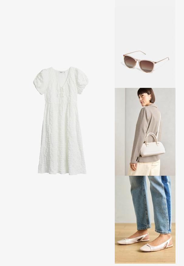 Valkoinen mekko, jossa on teksturoitu kangas, lyhyet puffihihat, V-pääntie ja solmitys yksityiskohta rinnassa, ulottuen polven puoleen väliin.; Vaaleanpunaiset slingback-ballerinat, joissa on terävä kärki, valmistettu sileästä nahkamaisesta materiaalista. Sivujen leikkuuyksityiskohdat ja tasapohja.; Ruskean sävyinen aurinkolasimalli, jossa on läpikuultava vaaleanpunainen runko, neliömäinen muoto ja ohuet metalliset varret. Lasimallissa on pyöristetyt reunat ja minimaalinen yksityiskohtaisuus.; Valkoinen rakenteellinen käsilaukku, jossa on lyhyet kahvat ja olkahihna, varustettu kultaisilla metalliosilla ja tekstuurilla, esillä harmaata taustaa vasten.