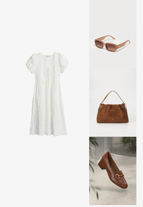 Witte jurk van een textuurstof, met korte pofmouwen, een V-hals en een strikdetail op de borst, die tot halverwege de kuit valt.; Bruine lakleren loafer met vierkante neus, metallic kettingaccent en lage blokhak; gladde textuur, minimalistisch ontwerp.; Bruine rechthoekige zonnebril met gradient lenzen, dikke monturen en een logo-detail aan de zijkant. Soepel plastic materiaal, minimalistisch ontwerp.; Bruine suède handtas met een geplooid ontwerp, voorzien van een enkele tan kleur leren schouderband en een subtiele gouden logo-detail aan de voorkant.