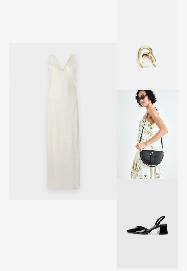 Ilga, kreminė spalvos suknelė su V formos iškirpte ir plonomis petnešėlėmis. Medžiaga yra lygi, su subtiliais dekoratyviniais perforacijomis visame paviršiuje.; Juodos lakuotos odinės šlepetės su smailiu pirštu ir geometriniu bloko kulnu. Turi elegantišką, minimalistinį dizainą ir lygų paviršių.; Juodas odinis krepšys su išlenkta forma, nuimamu dirželiu ir auksiniais detalėmis. Krepšys turi kilpą su sagtimi.; Aukso tono metalinės auskarai su stilingu, kreiviu dizainu. Išsiskiria ryškiu smailiu pavidalu, poliruota paviršiumi ir užsegimu su vyriu.