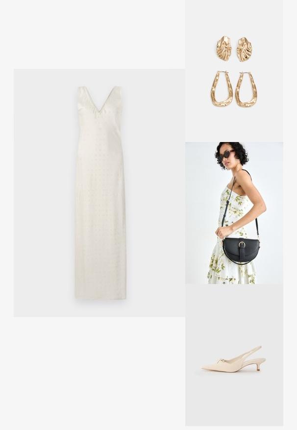 Rochie lungă, de culoare crem, cu decolteu în V și bretele subțiri. Materialul este neted, cu perforații decorative discrete pe toată suprafața.; Pantofi slingback cu vârful ascuțit, din piele albă murdară, cu un detaliu mic sub formă de fundiță și un toc kitten mic. Textură netedă, design minimalist.; Geantă din piele neagră, cu o formă curbată, curea detașabilă și accesorii aurii. Geanta are un capac cu un detaliu tip cataramă.; Cercei aurii cu forme texturate și ondulate. Include studs sculpturale cu clip și un design de cerc deschis cu un finisaj cioplit.