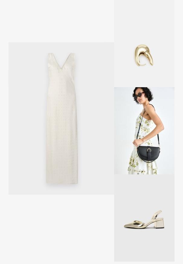 Duga haljina boje kreme s V-izrezom i tankim naramenicama. Tkanina je glatka s suptilnim dekorativnim perforacijama po cijeloj površini.; Zlatni metalik slingback sandali s šiljatim vrhom i debelim potpeticama. Glatka tekstura, minimalistički dizajn i uski remen.; Crna kožna torba s lukovitim oblikom, odvojivim remenom i zlatnim detaljima. Torba ima preklop s kopčom.; Zlatne metalne naušnice s elegantnim, zakrivljenim dizajnom. Imaju karakterističan šiljast oblik, poliranu površinu i zatvaranje na šarku.