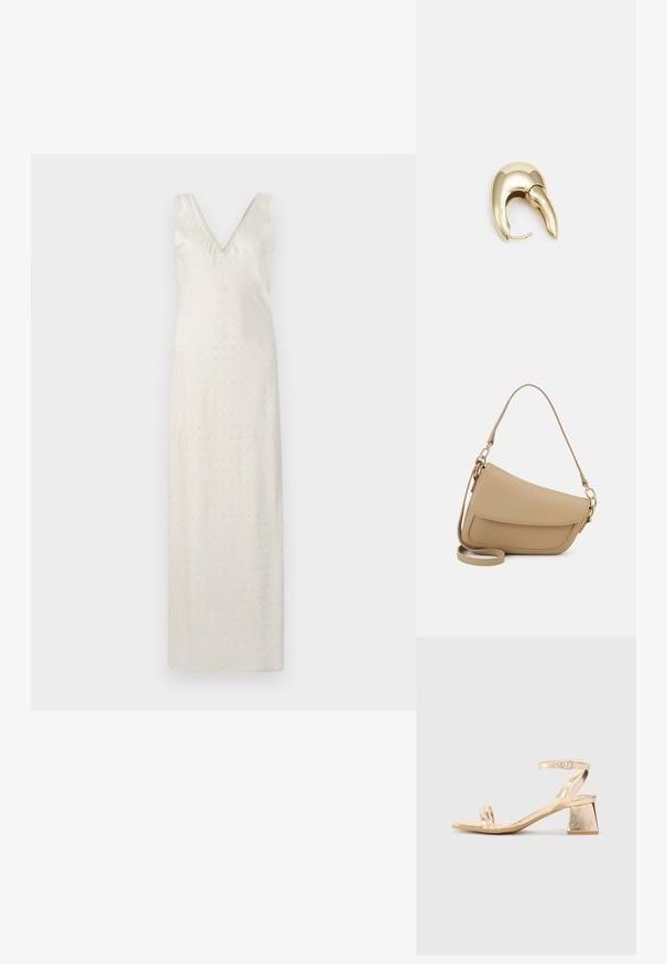 Duga haljina boje kreme s V-izrezom i tankim naramenicama. Tkanina je glatka s suptilnim dekorativnim perforacijama po cijeloj površini.; Zlatne metalne sandale na petu s kutnim blok petom, dva remenska traka preko stopala i podesivim remenom oko gležnja. Glatka tekstura.; Even&Odd Ručna torba - beige; Zlatne metalne naušnice s elegantnim, zakrivljenim dizajnom. Imaju karakterističan šiljast oblik, poliranu površinu i zatvaranje na šarku.