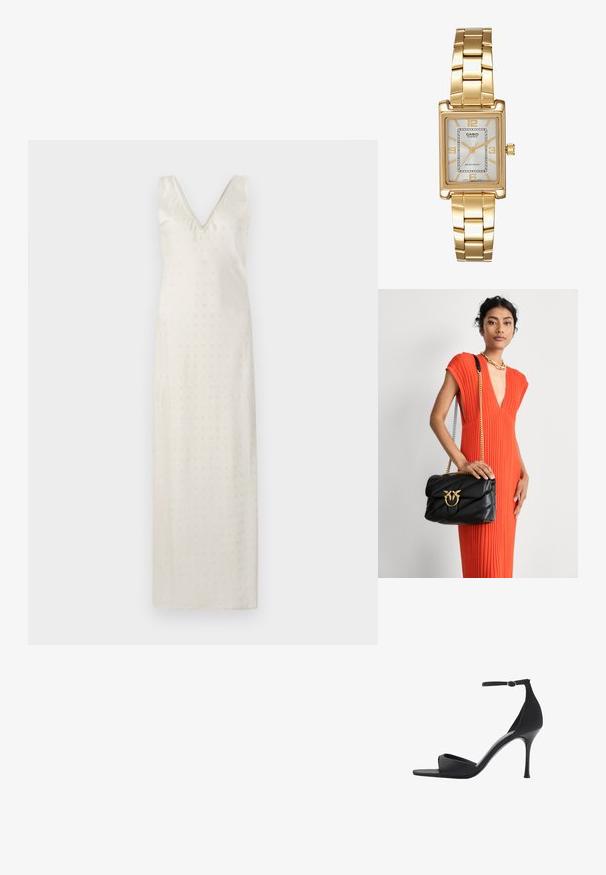 Dlhé krémové šaty s výstrihom do V a tenkými ramienkami. Materiál je hladký s jemnými ozdobnými perforáciami po celej ploche.; Mango Sandále na vysokom opätku - black; Čierna kožená kabelka s prešitým dizajnom a zlatými doplnkami, s dekoratívnou prackou. Taška má reťazový popruh a je držaná v ruke.; Zlatý obdĺžnikový náramkový hodinky s bielym ciferníkom, striebornými indexmi a odolným kovovým náramkom. Obsahuje vodoodolnú funkciu.