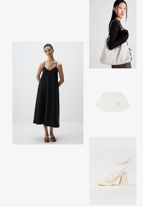 Jimmy Key LOOSE FIT V-NECK MIDI - Jurk - black; Korte, witte katoenen t-shirt in cropped stijl met korte mouwen, met grafische afbeelding van een gele palmboom en blauwe golf op de linkerborst.; Witte hoge hakken sandaal met een chunky hak, met een bandjesontwerp en enkelband. Gladde textuur met een plateau voor extra hoogte.; Beige handtas gemaakt van zacht materiaal, met een slonzig ontwerp, gestikte details en twee schouderbanden. Geschikt voor dagelijks gebruik.