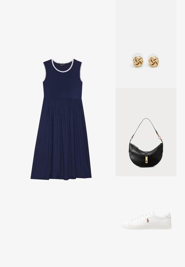 Ναυτικό χωρίς μανίκια φόρεμα με υφασμάτινο μπούστο και φούστα σε φαρδιά γραμμή, με λευκή ανάγλυφη διακόσμηση στον λαιμό και τις μασχάλες.; Λευκά δερμάτινα sneakers, χαμηλού σχεδιασμού, με απαλή υφή, στρογγυλή μύτη, δέσιμο μπροστά και μικρό κεντημένο λογότυπο στο πλάι.; Μαύρη δερμάτινη τσάντα χειρός σε σχήμα μισού φεγγαριού. Διαθέτει χρυσή μεταλλική λεπτομέρεια και στενό λουρί. Απαλή υφή, κλείσιμο με φερμουάρ στην κορυφή.; Σκουλαρίκια σπιράλ σε χρυσό τόνο με πλεγμένο σχέδιο. Κάθε σκουλαρίκι διαθέτει κυκλική διαφανή βάση για ασφαλή εφαρμογή.