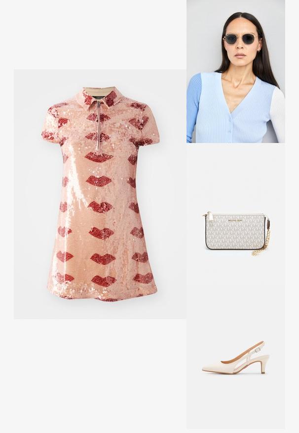 Kratka ružičasta polo haljina sa šljokicama, s uzorkom crvenih usana i prednjim zatvaračem.; Bijela slingback peta s oštrim vrhom, glatkim gornjim materijalom, niskom blok peta te dizajnom s bočnim izrezom i podešivom kopčom.; Ok Runde sunčane naočale s tamnim staklima i zlatnim okvirom. Model nosi svijetloplavi rebrasti kardigan s gumbima i kontrastnim bijelim rukavima.; Michael Kors novčanik na zapešću u bež premazanoj tkanini s ponavljajućim uzorkom MK loga, zlatnim hardverom i odvojivim lancem za nošenje.