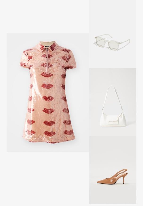 Krátké polo šaty pokryté růžovými flitry s vzorem červených rtů a s předním zipem.; Sandy poprsko s úzkým podpatkem v hladkém, lesklém odstínu tan. Obsahuje zakřivený design s výřezem a štíhlý jehlový podpatek. Detail se stříbrnou sponou.; Kulaté sluneční brýle s průhledným rámem, světle zelenými čočkami a tenkými, průhlednými bočními částmi. Rám má jemné kovové akcenty.; Bílá syntetická kabelka v trojúhelníkovém tvaru, s plochým předním klopným víkem a detailem mašle, nastavitelným popruhem, hladkým povrchem a minimalistickým designem.