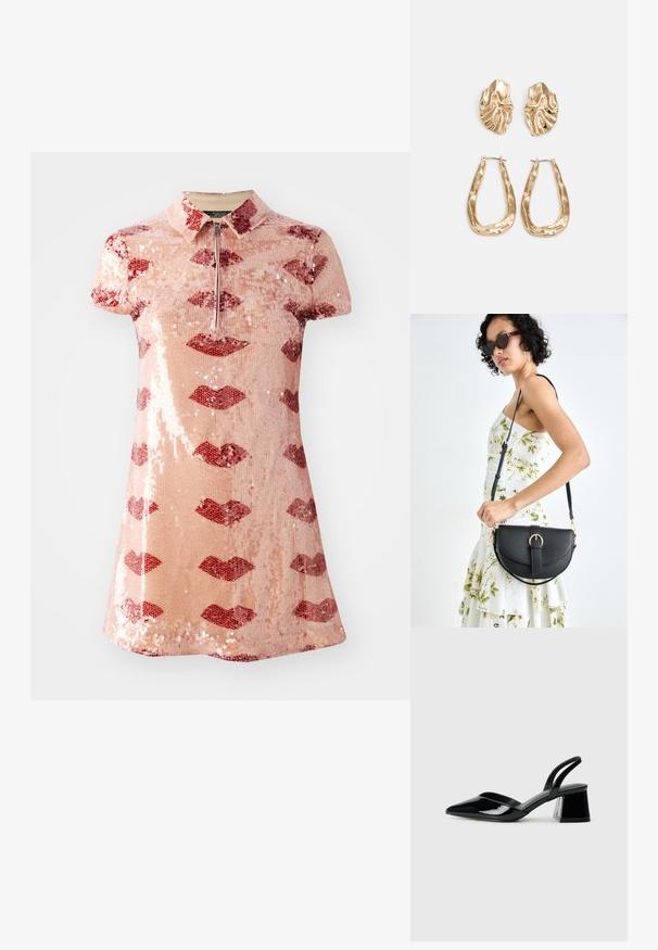 Korte roze gepailletteerde polokleed met rode lippenpatronen en een ritssluiting aan de voorkant.; Zwarte gepatineerde leren slingback hakken met een spitse neus en een geometrische blokhak. Kenmerkt zich door een slank, minimalistisch ontwerp en een gladde textuur.; Zwarte leren handtas met een gebogen vorm, afneembare schouderband en gouden hardware. De tas heeft een klep met een gespsluiting.; Gouden oorbellen met een getextureerd, golvend ontwerp. Bevat sculpturale clip-on studs en een open ringontwerp met een gehamerd oppervlak.