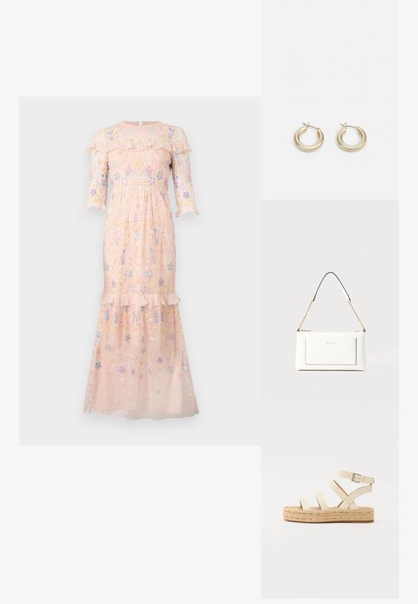 Embroidered pink dress made from sheer fabric, featuring floral patterns, a ruffled neckline, and three-quarter length sleeves.; Light beige leather espadrille sandal with four cross straps and an ankle buckle, featuring a woven jute platform sole and flat rubber bottom.; White leather handbag with a textured finish, featuring a gold chain strap and black accents. Includes a front pocket and zipper closure.; Lauren Ralph Lauren BASIC SMALL HOOP - Earrings - gold-coloured
