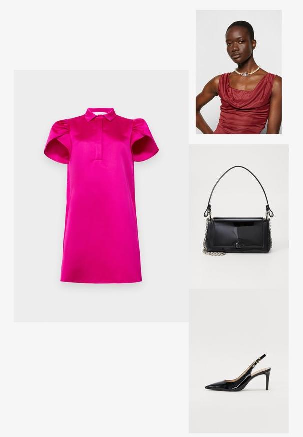 Rövid ujjú ruha élénk rózsaszín selyemből, galléros nyakkal és egyenes fazonnal, puffos ujjakkal.; Fekete lakk bőr kötött magassarkú cipő, hegyes orral és karcsú sarokkal, finom kivágásos dizájnnal. Az övön arany csatt található.; Fekete lakkbőr kézitáska téglalap alakú, láncos vállpánttal és középen egy jellegzetes fém díszítéssel. Simaszerkezet.; Kéréknyakú, mélyvörös ruha sima textúrával. Gyöngy nyaklánc díszes ezüst kiegészítővel a közepén.