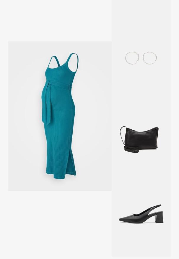 Zelena rebrasta obleka za nosečnice z tankimi naramnicami, pasom z obročkom in stranskimi razporki za lažje gibanje. Narejena iz raztegljive tkanine.; Črne usnjene čevlje s peto s črnim vrhom in maso bloka. Ima prilagodljiv trak z kovinsko sponko.; Črna usnjena torba čez ramo z gladko teksturo, ukrivljeno obliko, nastavljivim trakom in zadrgo. Minimalističen dizajn brez okrasnih detajlov.; Srebrne kroglice z elegantnim, okroglim oblikovanjem, z gladko površino in brez vidnih okrasnih elementov. Premer ni določen.