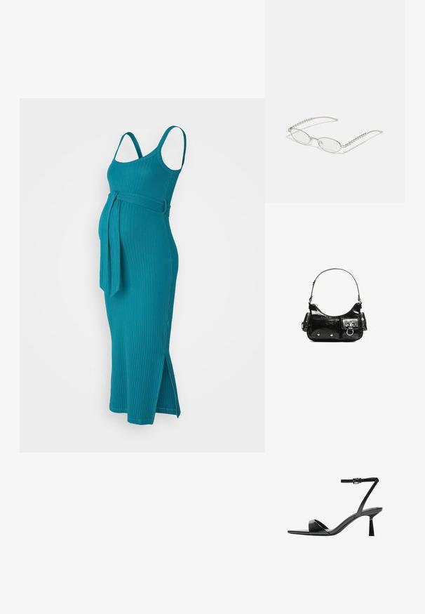 Teal színű, bordázott kismama ruha vékony pántokkal, övvel ellátott derékkal és oldalsó sliccekkel a szabad mozgás érdekében. Rugalmas anyagból készült.; Bershka Magas sarkú szandálok - black; Ovális szemüveg fém ezüst kerettel, átlátszó lencsékkel és texturált gyöngyös szárakkal. Könnyű kialakítás ívelt karokkal.; Fekete lakkbőr kézitáska ívelt formával, egy vállpánttal, elülső zsebekkel és ezüstszínű fémrészletekkel.